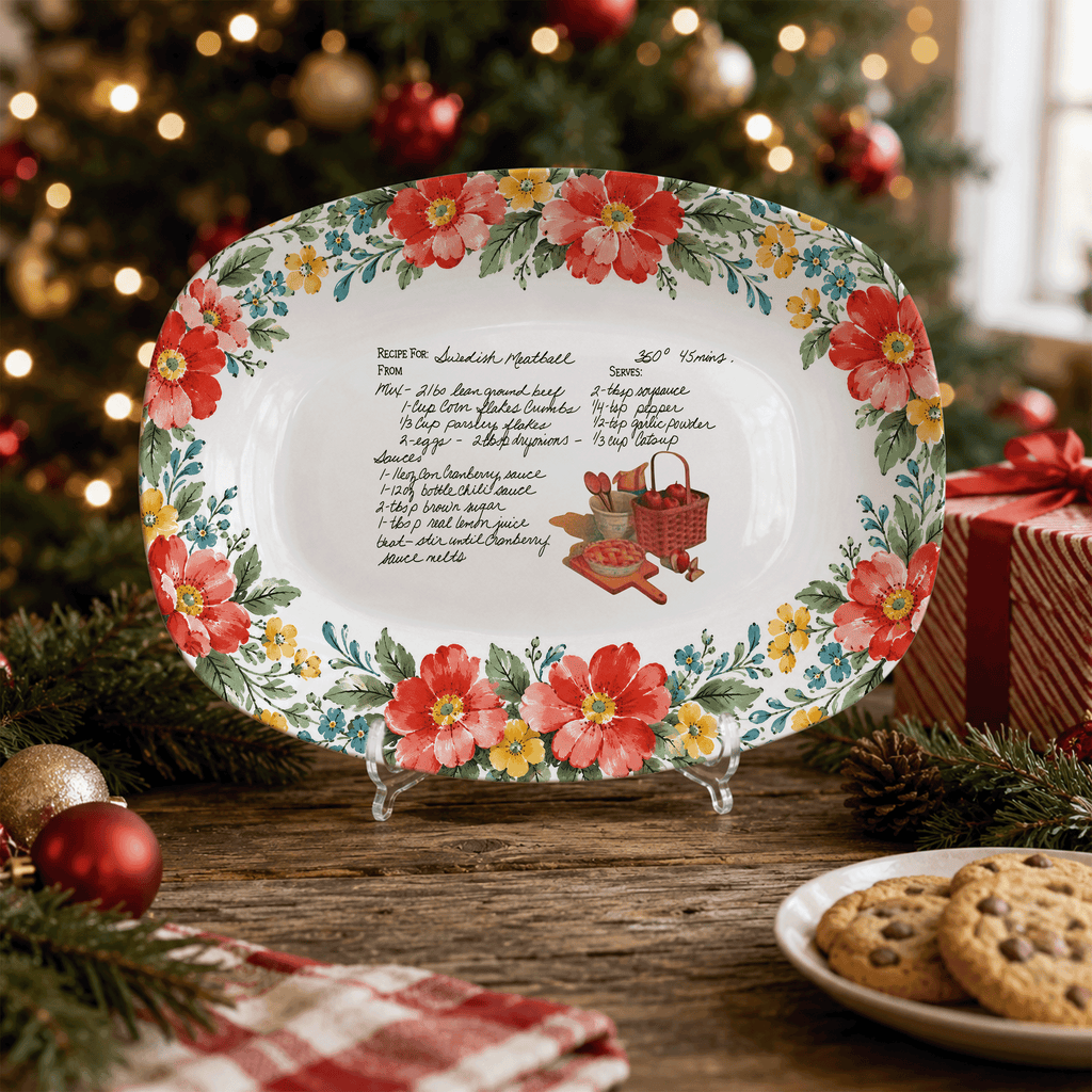 Handwritten Recipe Platter with Red and Teal Watercolor Flower Border