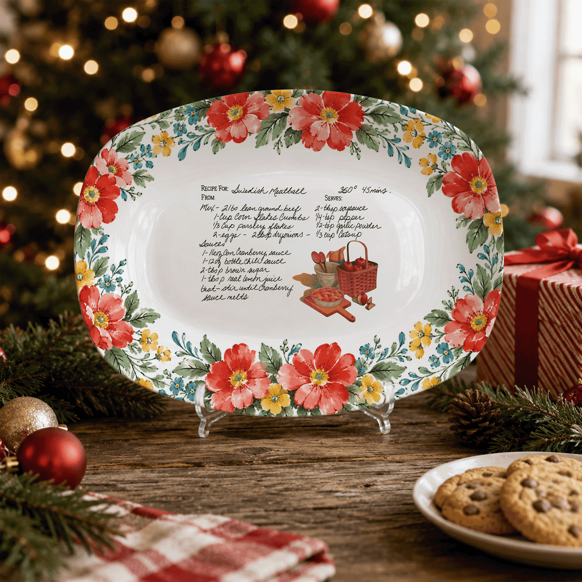 Handwritten Recipe Platter with Red and Teal Watercolor Flower Border