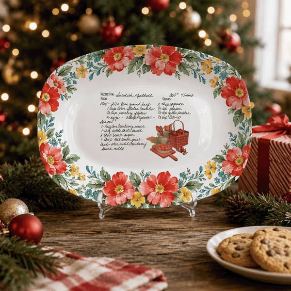 Handwritten Recipe Platter with Red and Teal Watercolor Flower Border