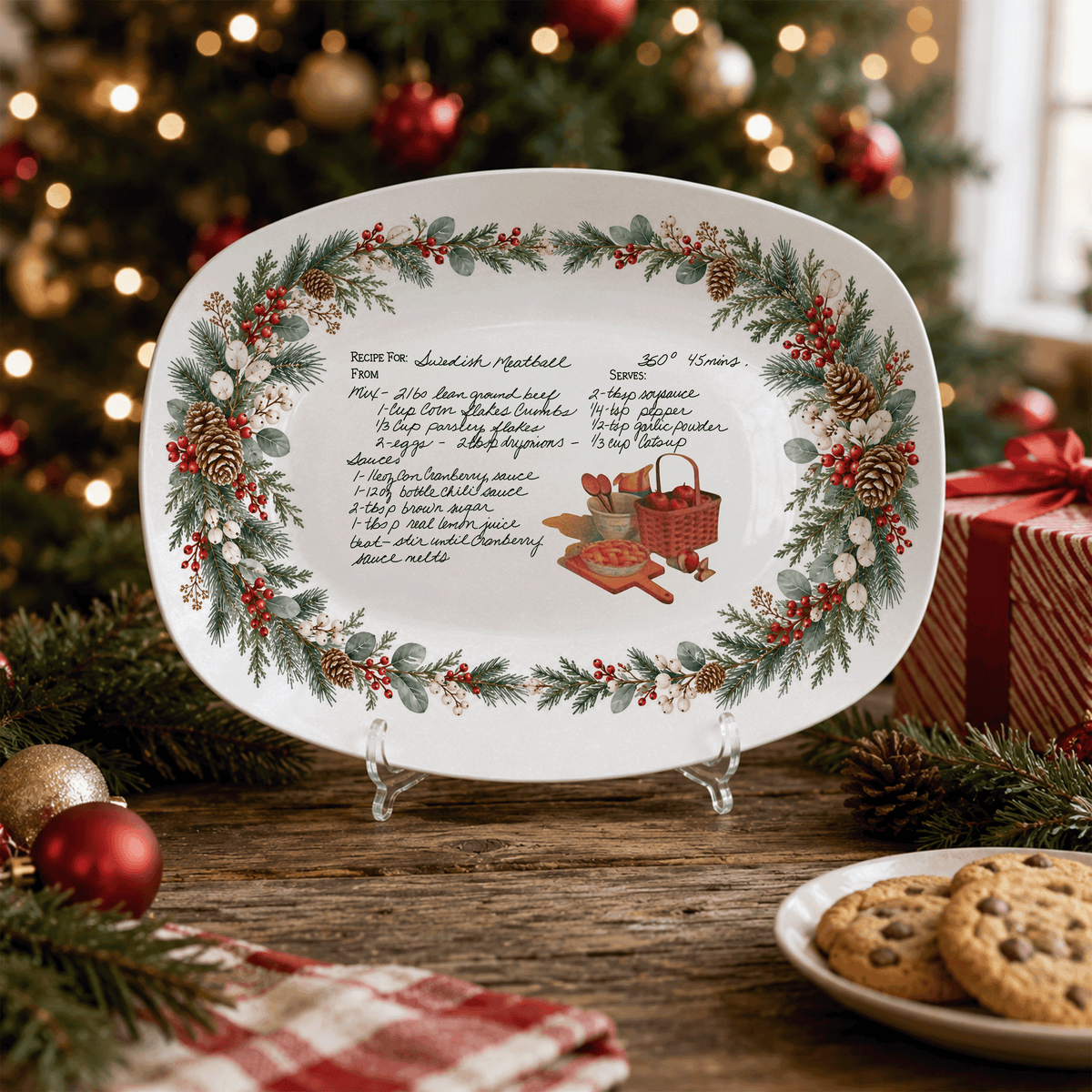 Handwritten Recipe Platter with Evergreen Pinecone & Berry Border
