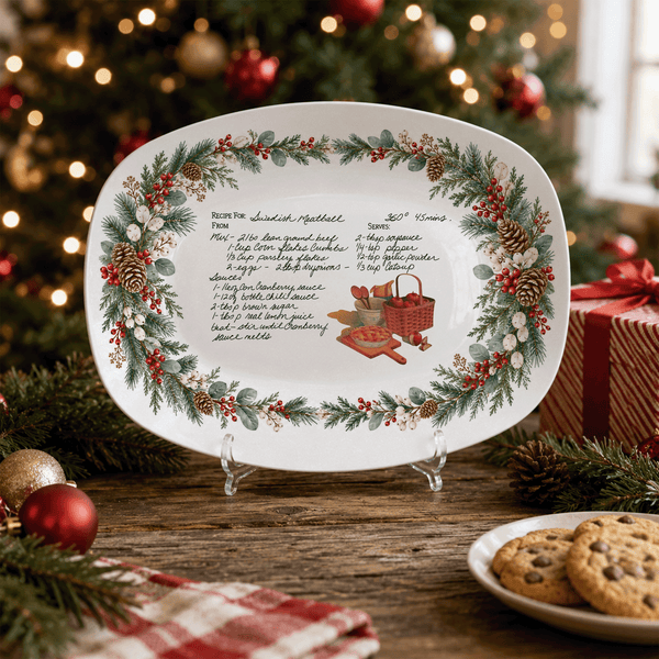 Handwritten Recipe Platter with Evergreen Pinecone & Berry Border