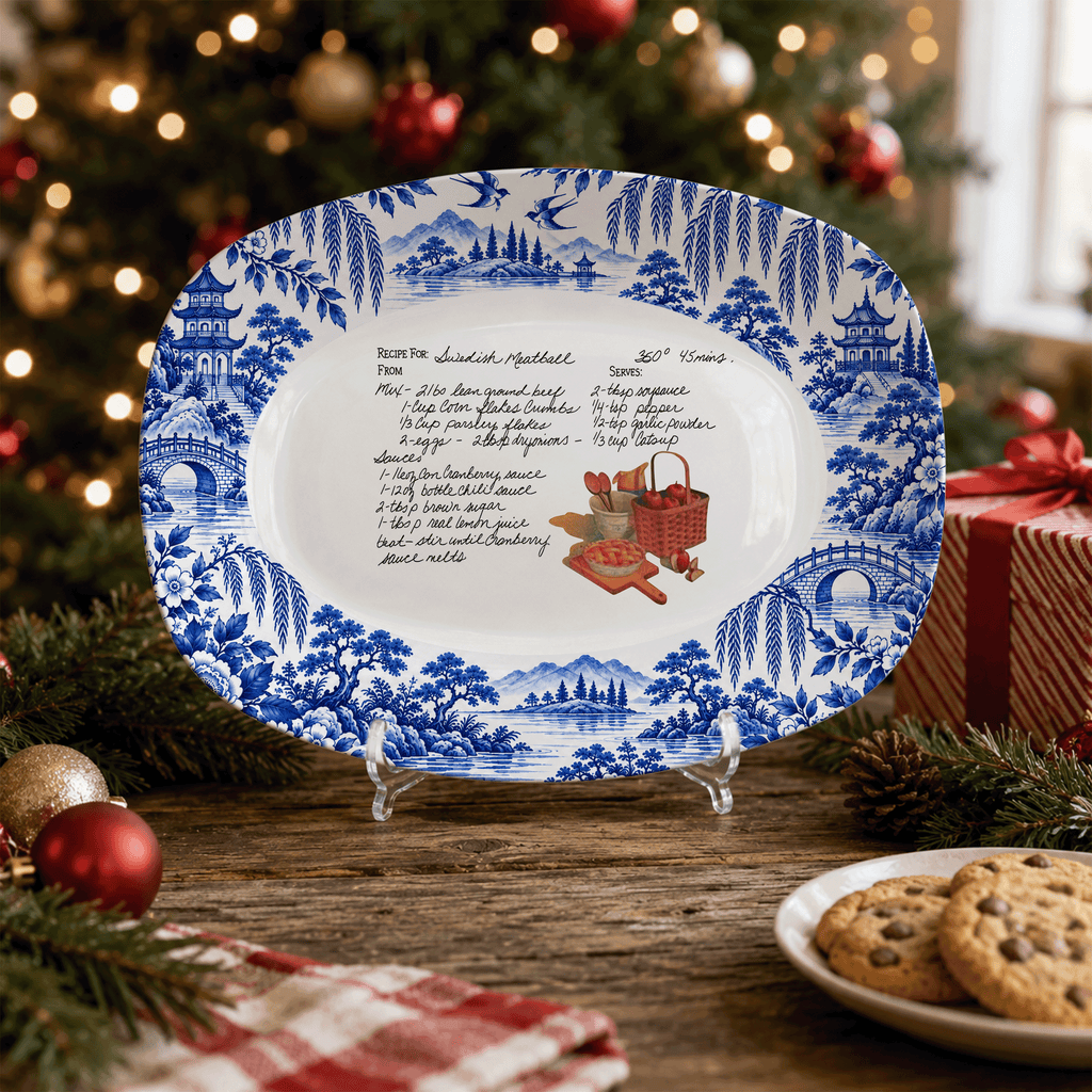 Handwritten Recipe Platter with Antique Blue Willow Border