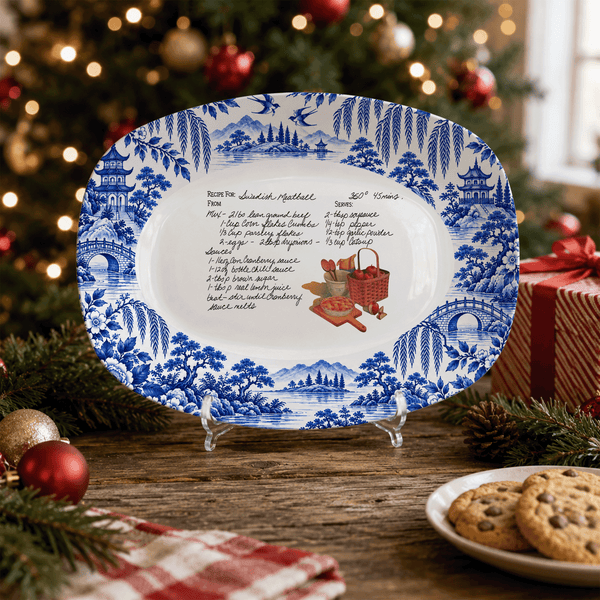 Handwritten Recipe Platter with Antique Blue Willow Border