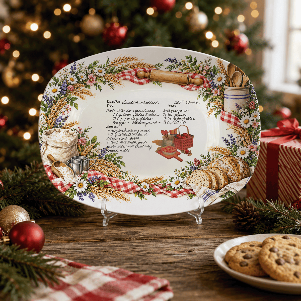 Handwritten Recipe Platter with Bread and Wildflower Border