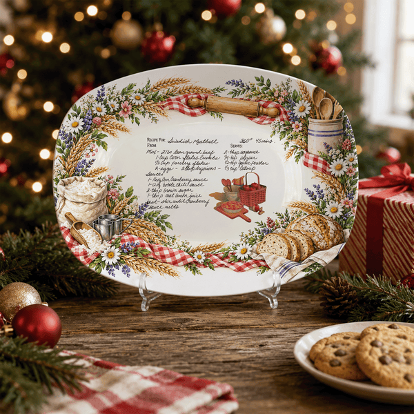Handwritten Recipe Platter with Bread and Wildflower Border