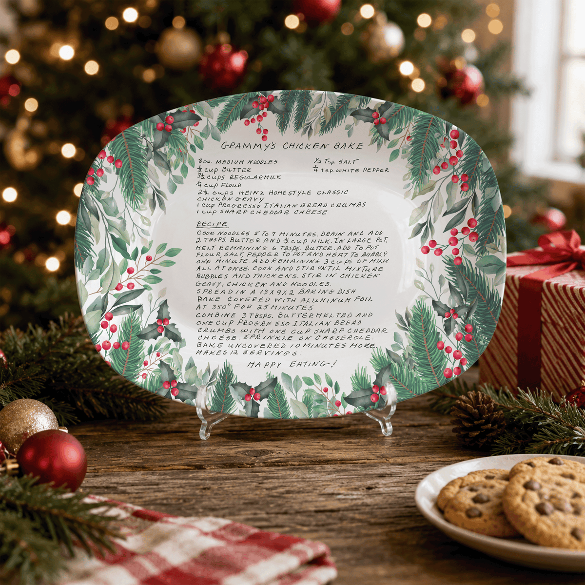 Handwritten Recipe Platter with Christmas Wreath Border
