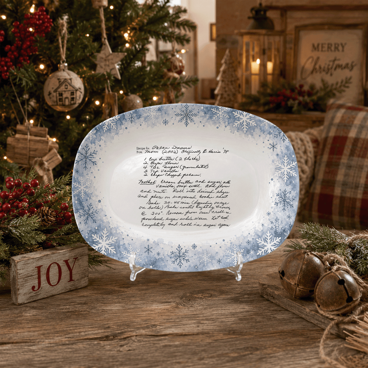 Handwritten Recipe Platter with Blue Snowflake Border