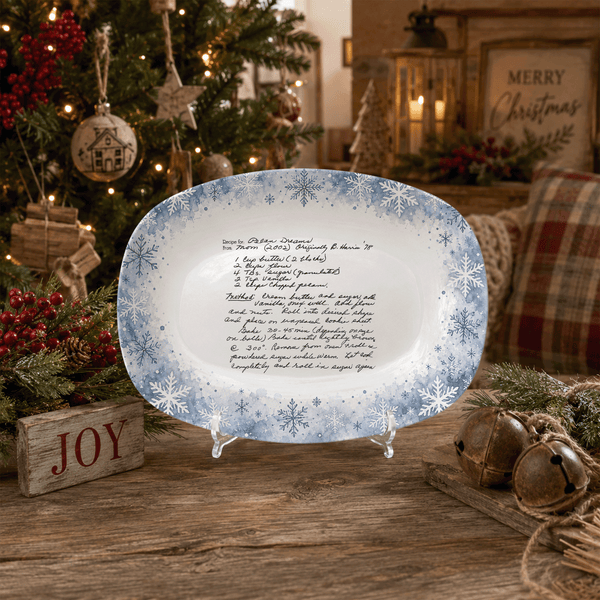 Handwritten Recipe Platter with Blue Snowflake Border