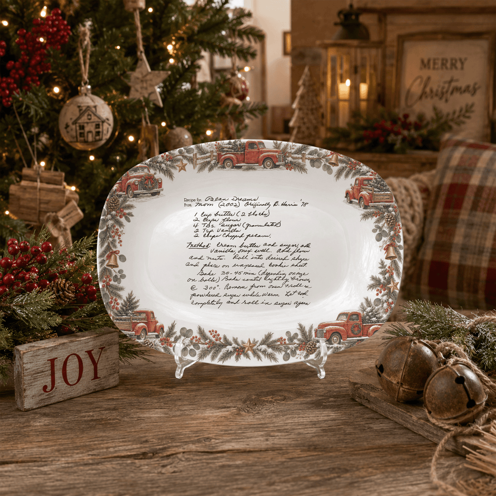 Handwritten Recipe Platter with Vintage Red Truck and Wreath Border