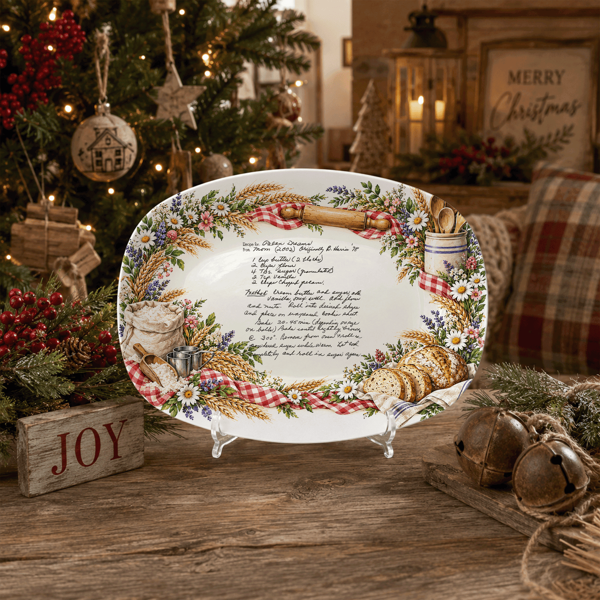 Handwritten Recipe Platter with Bread and Wildflower Border