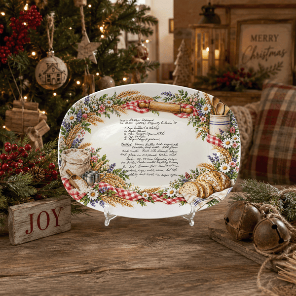 Handwritten Recipe Platter with Bread and Wildflower Border