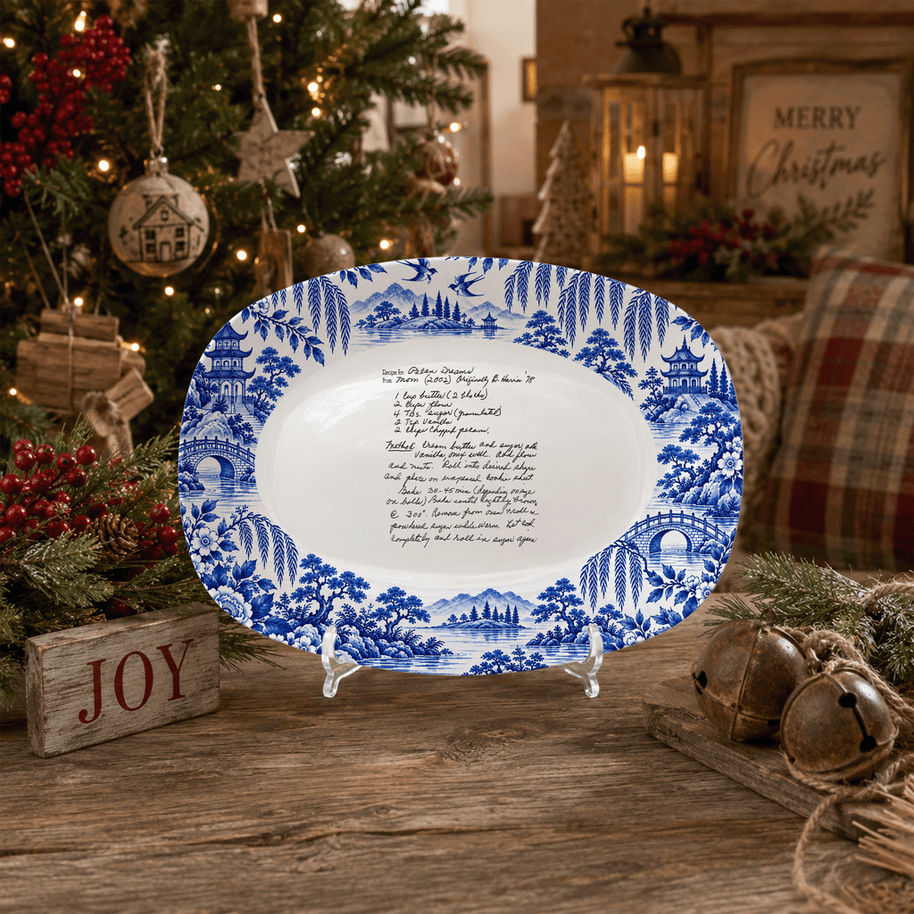 Handwritten Recipe Platter with Antique Blue Willow Border
