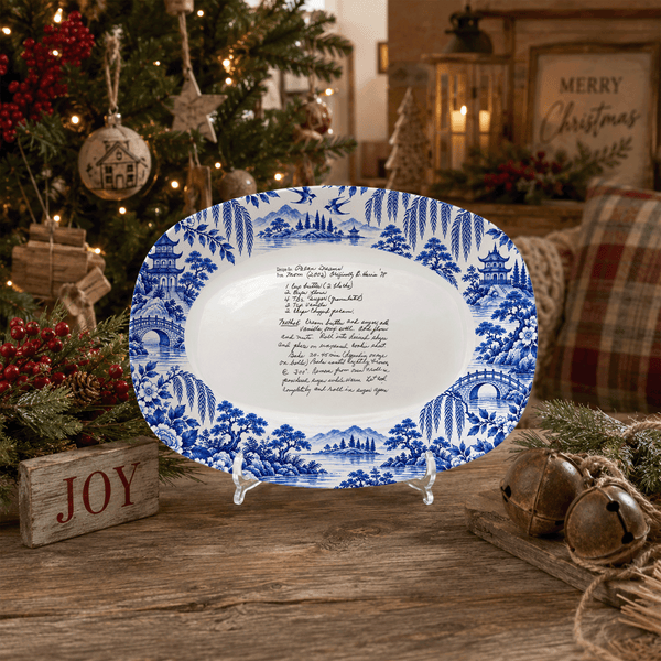 Handwritten Recipe Platter with Antique Blue Willow Border