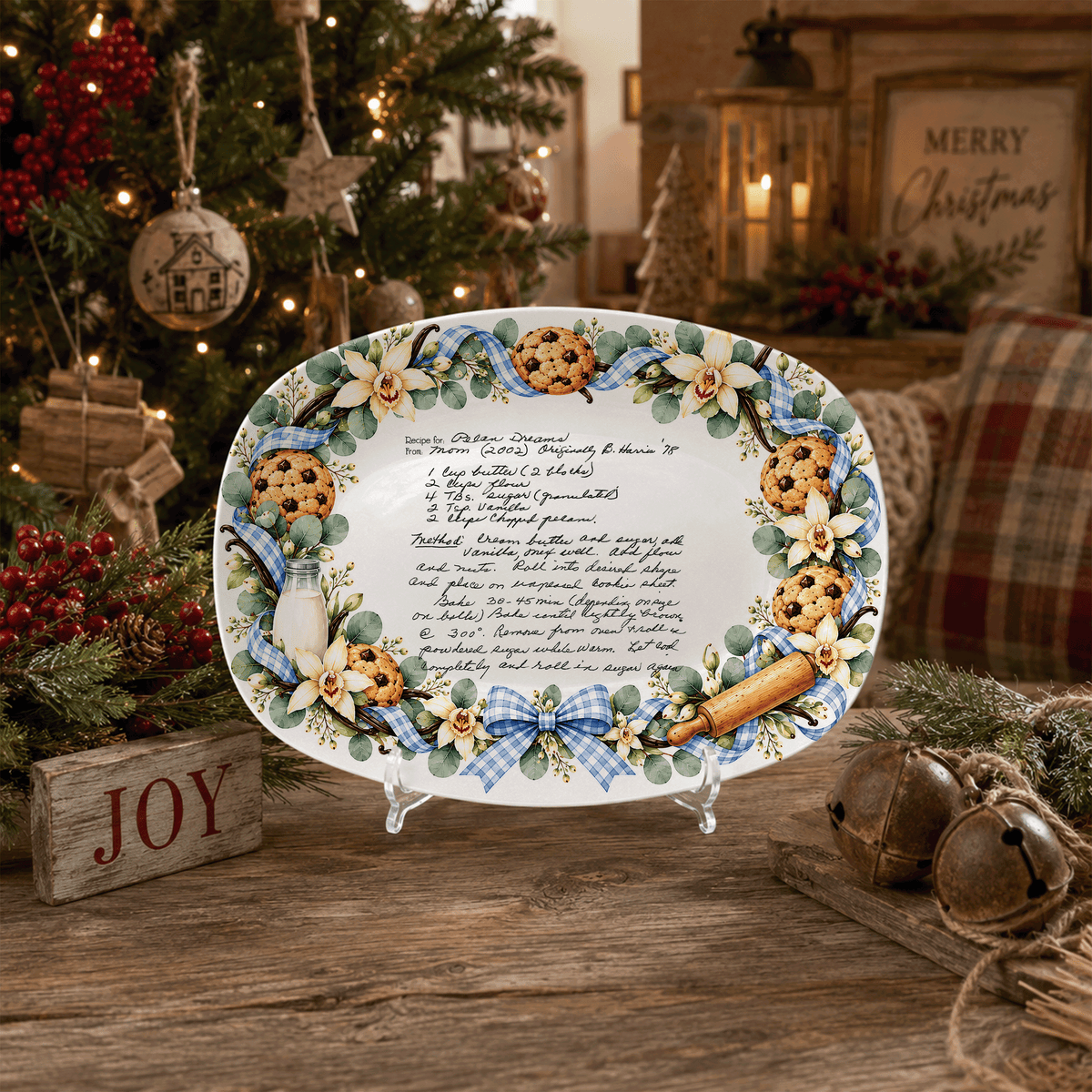 Handwritten Recipe Platter with Blue Bow Cookie Border