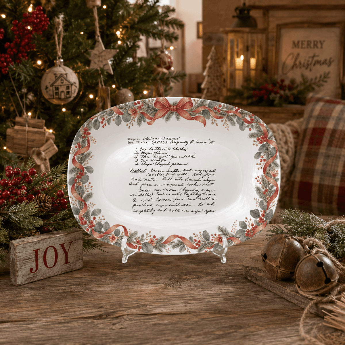 Handwritten Recipe Platter with Antique Red Bow Wreath Border