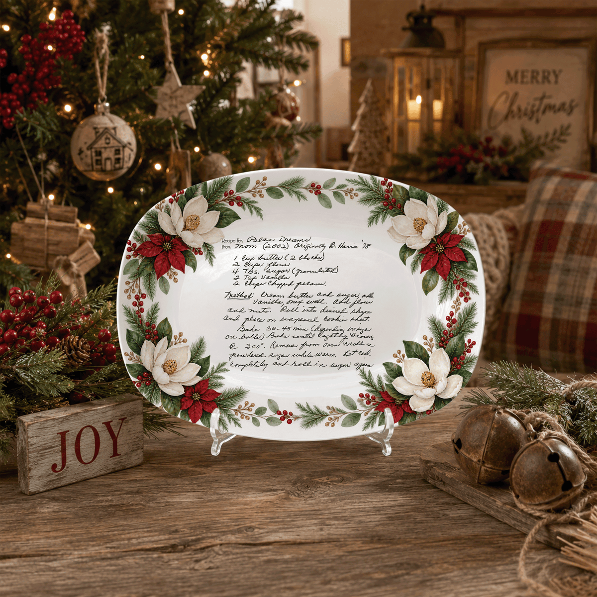 Handwritten Recipe Platter with Southern Holiday Magnolia Border