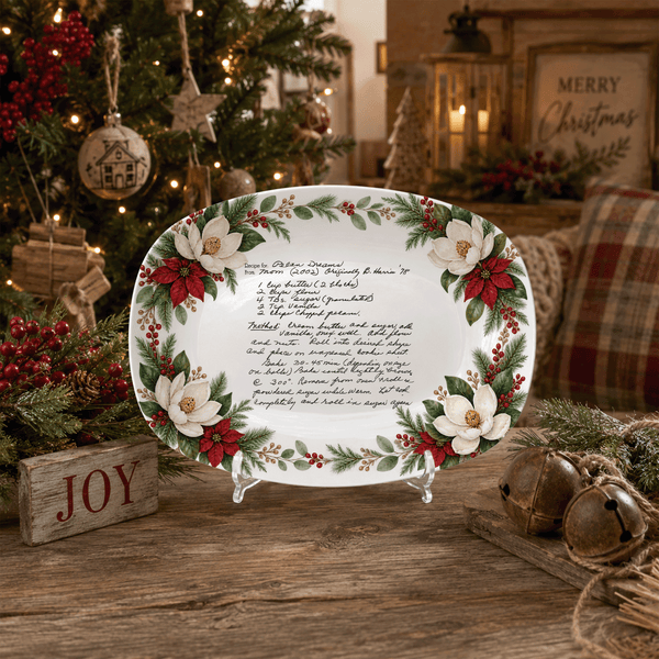 Handwritten Recipe Platter with Southern Holiday Magnolia Border
