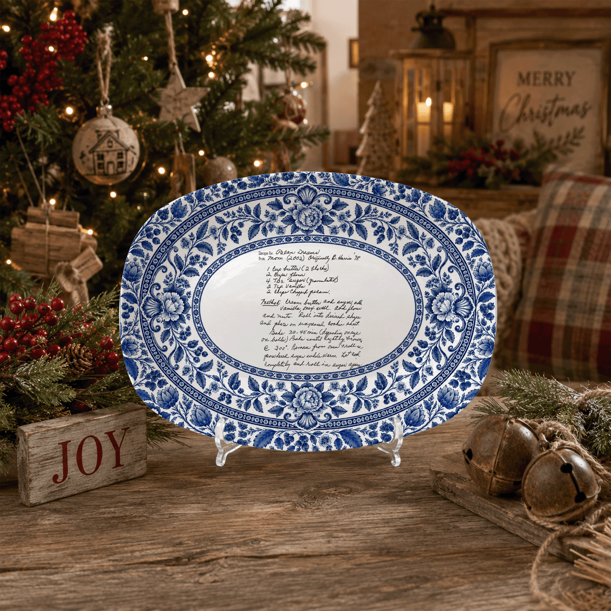 Handwritten Recipe Platter with Blue Antique Botanical Border