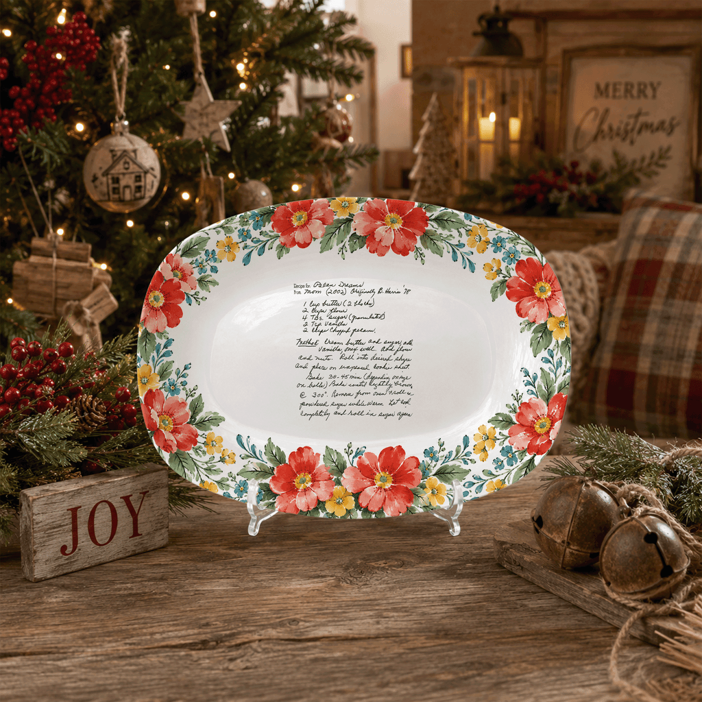 Handwritten Recipe Platter with Red and Teal Watercolor Flower Border