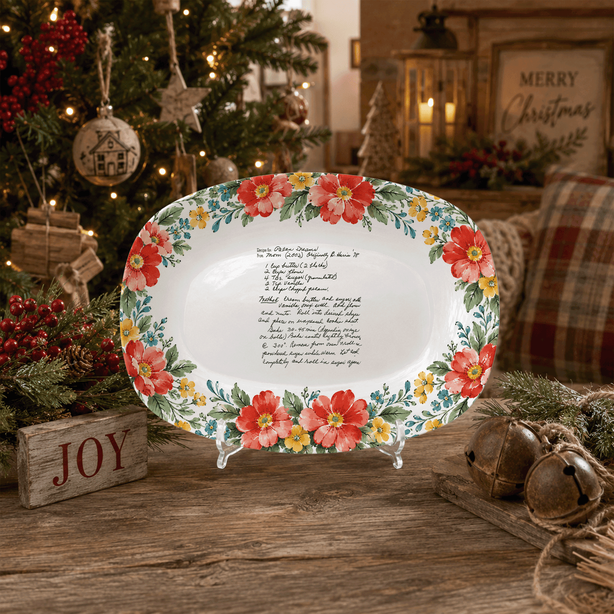 Handwritten Recipe Platter with Red and Teal Watercolor Flower Border