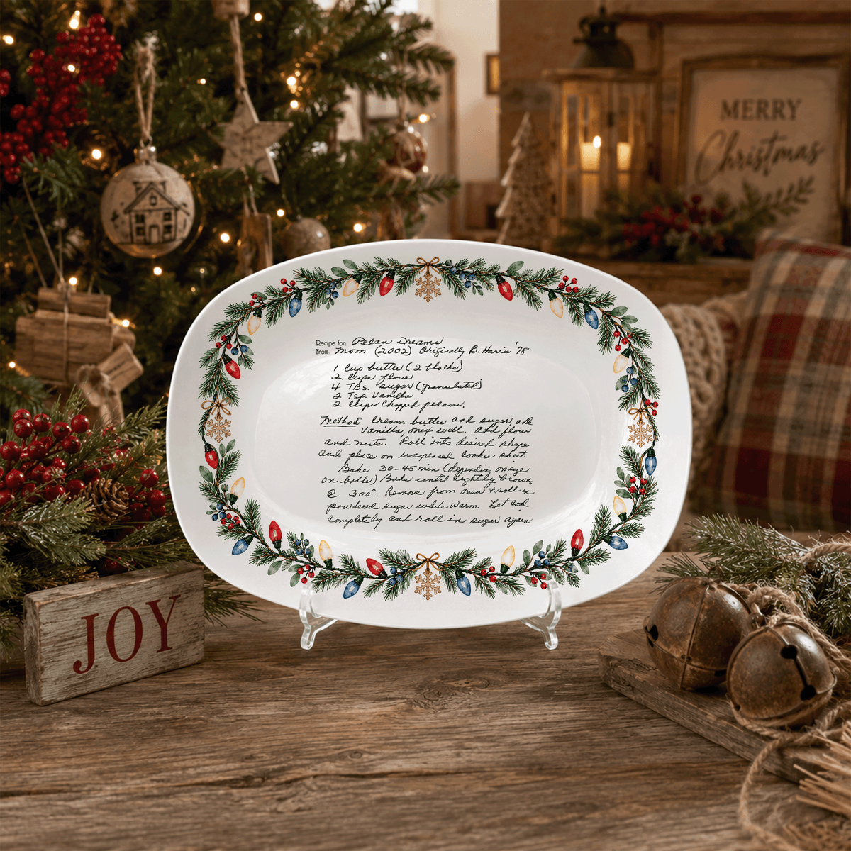 Handwritten Recipe Platter with Christmas Lights Border