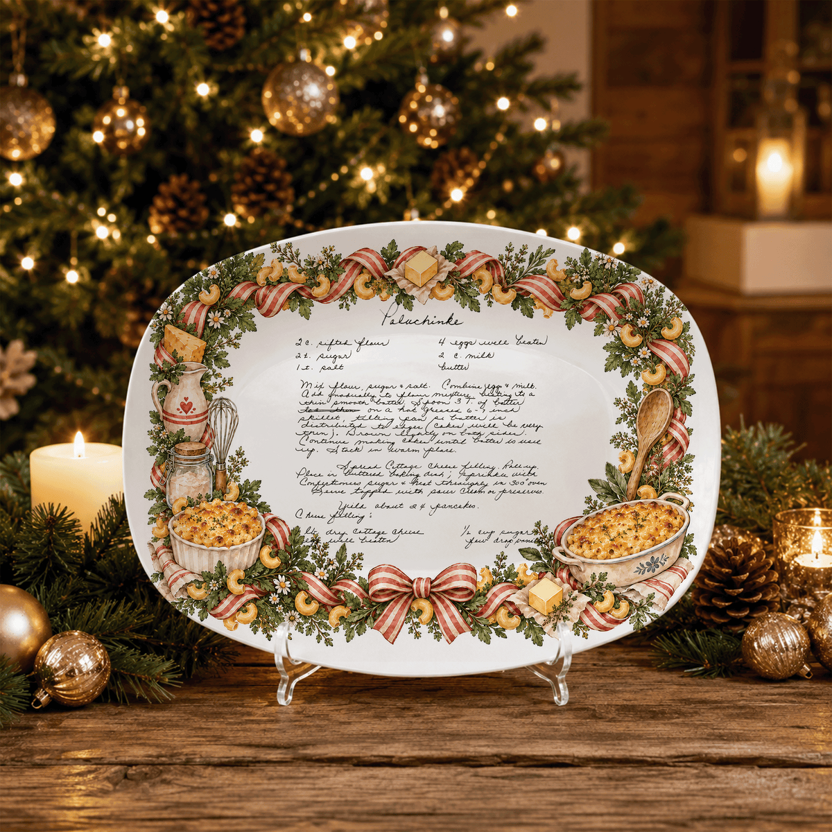 Handwritten Recipe Platter with Macaroni and Cheese Border