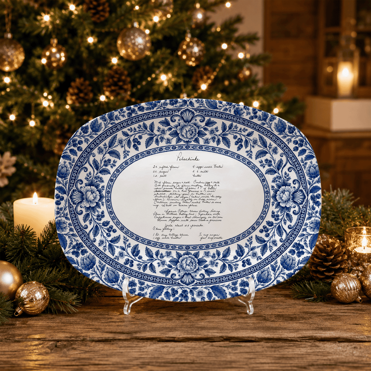 Handwritten Recipe Platter with Blue Antique Botanical Border