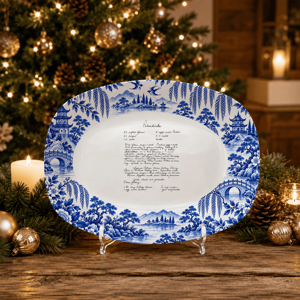 Handwritten Recipe Platter with Antique Blue Willow Border