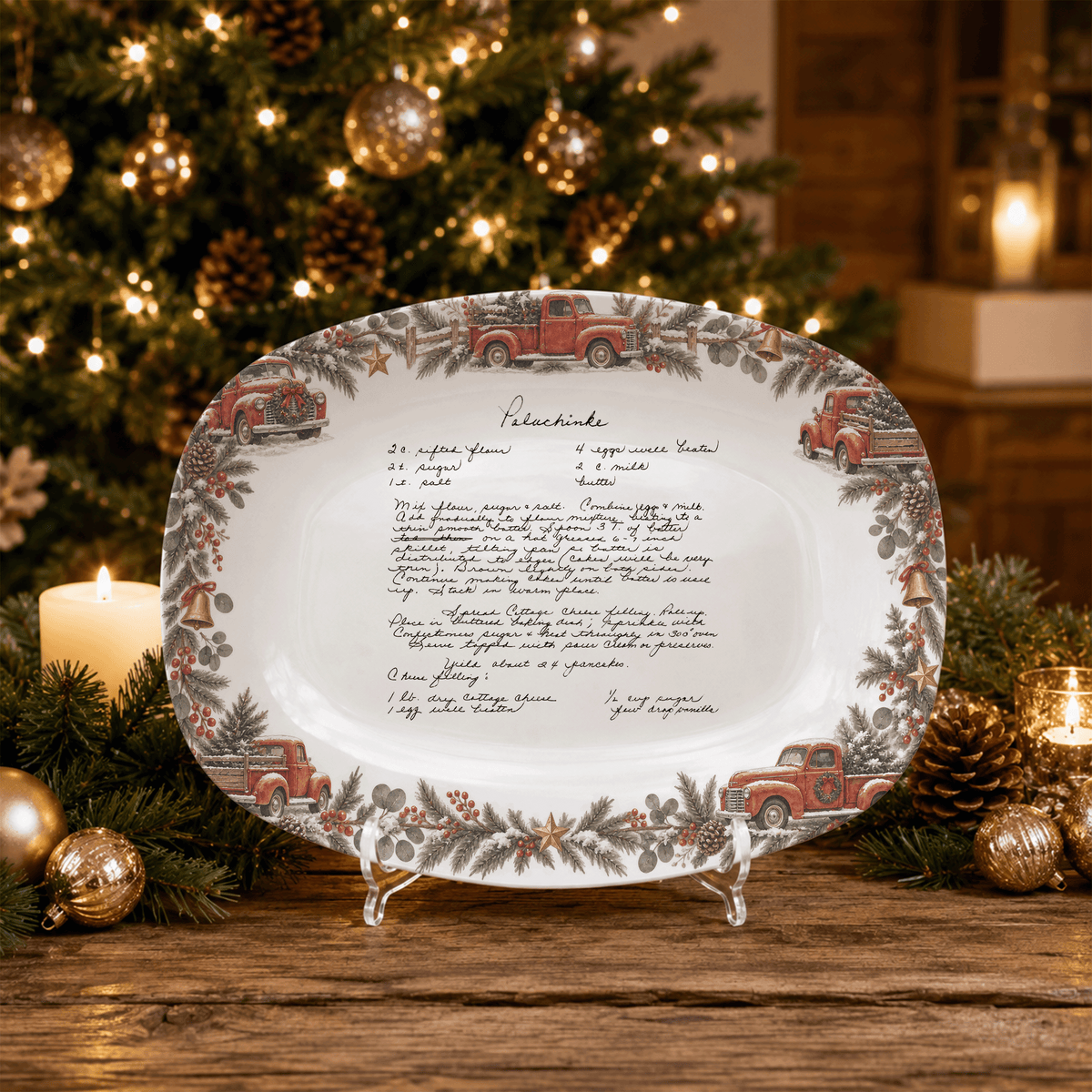 Handwritten Recipe Platter with Vintage Red Truck and Wreath Border