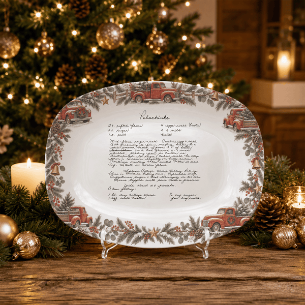 Handwritten Recipe Platter with Vintage Red Truck and Wreath Border
