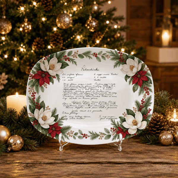 Handwritten Recipe Platter with Southern Holiday Magnolia Border