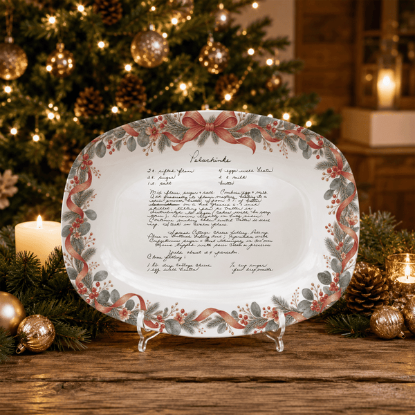 Handwritten Recipe Platter with Antique Red Bow Wreath Border