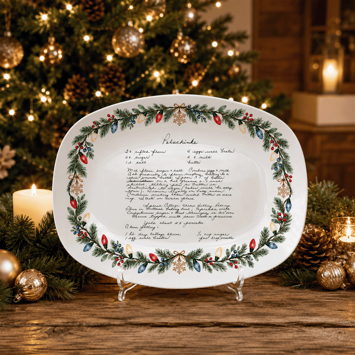 Handwritten Recipe Platter with Christmas Lights Border