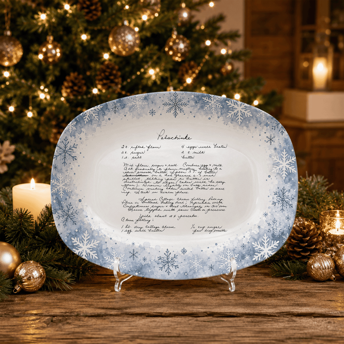 Handwritten Recipe Platter with Blue Snowflake Border