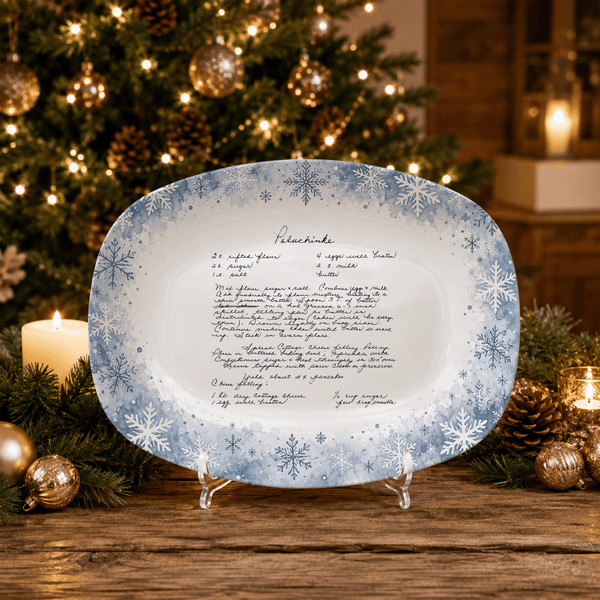 Handwritten Recipe Platter with Blue Snowflake Border