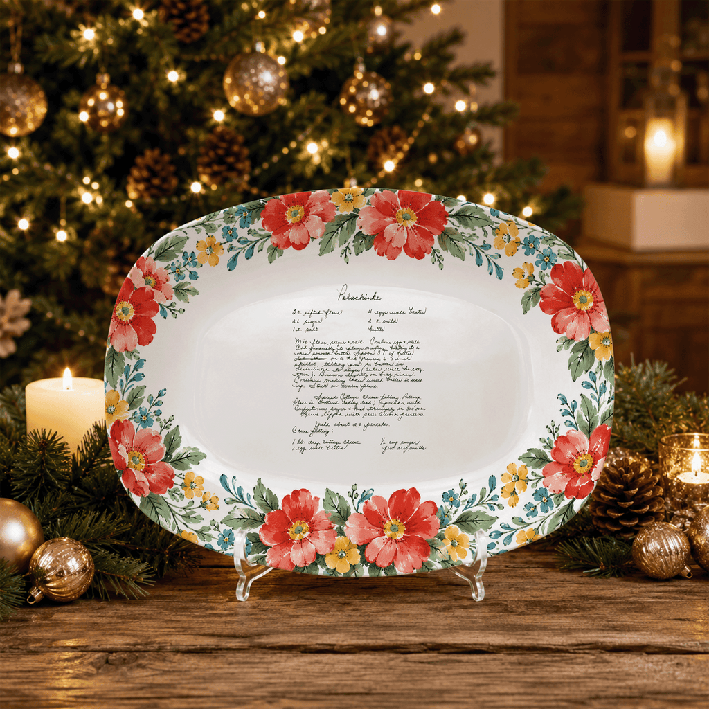 Handwritten Recipe Platter with Red and Teal Watercolor Flower Border