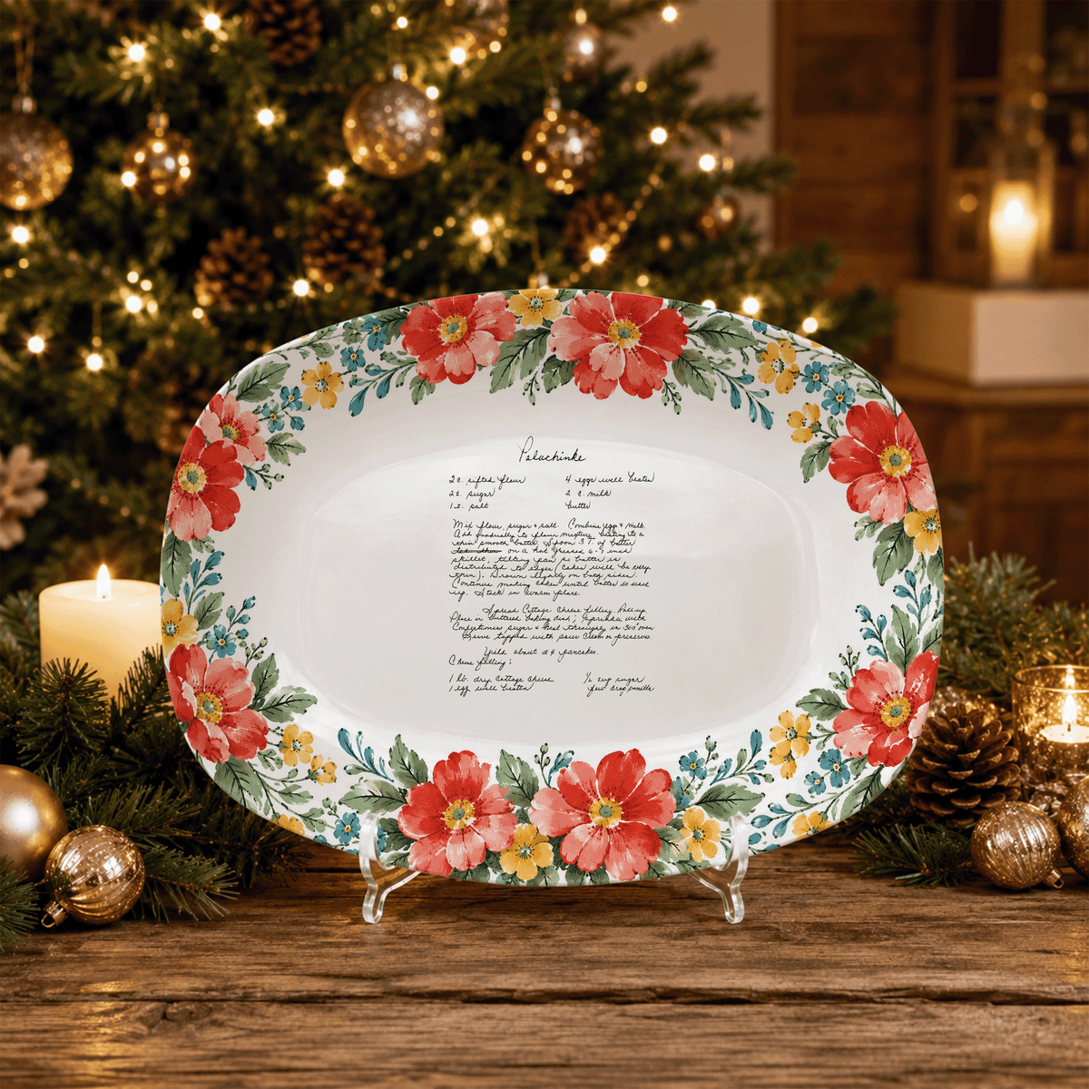 Handwritten Recipe Platter with Red and Teal Watercolor Flower Border