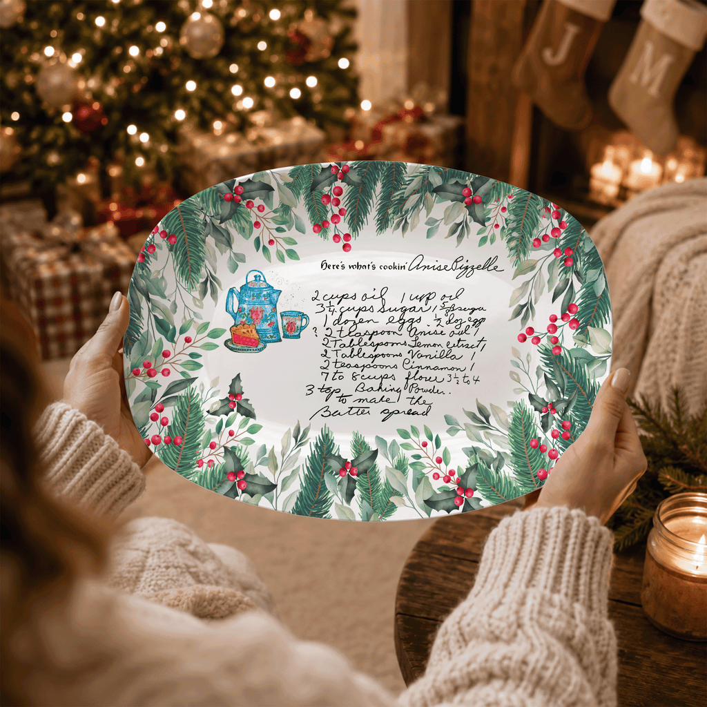 Handwritten Recipe Platter with Christmas Wreath Border