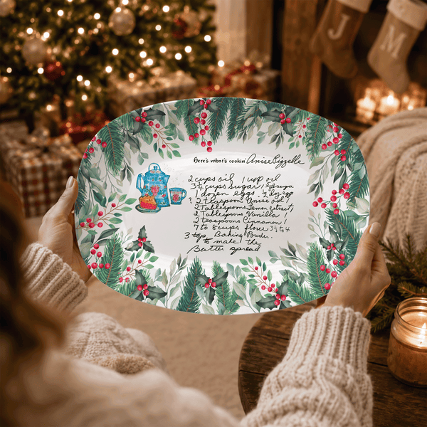 Handwritten Recipe Platter with Christmas Wreath Border