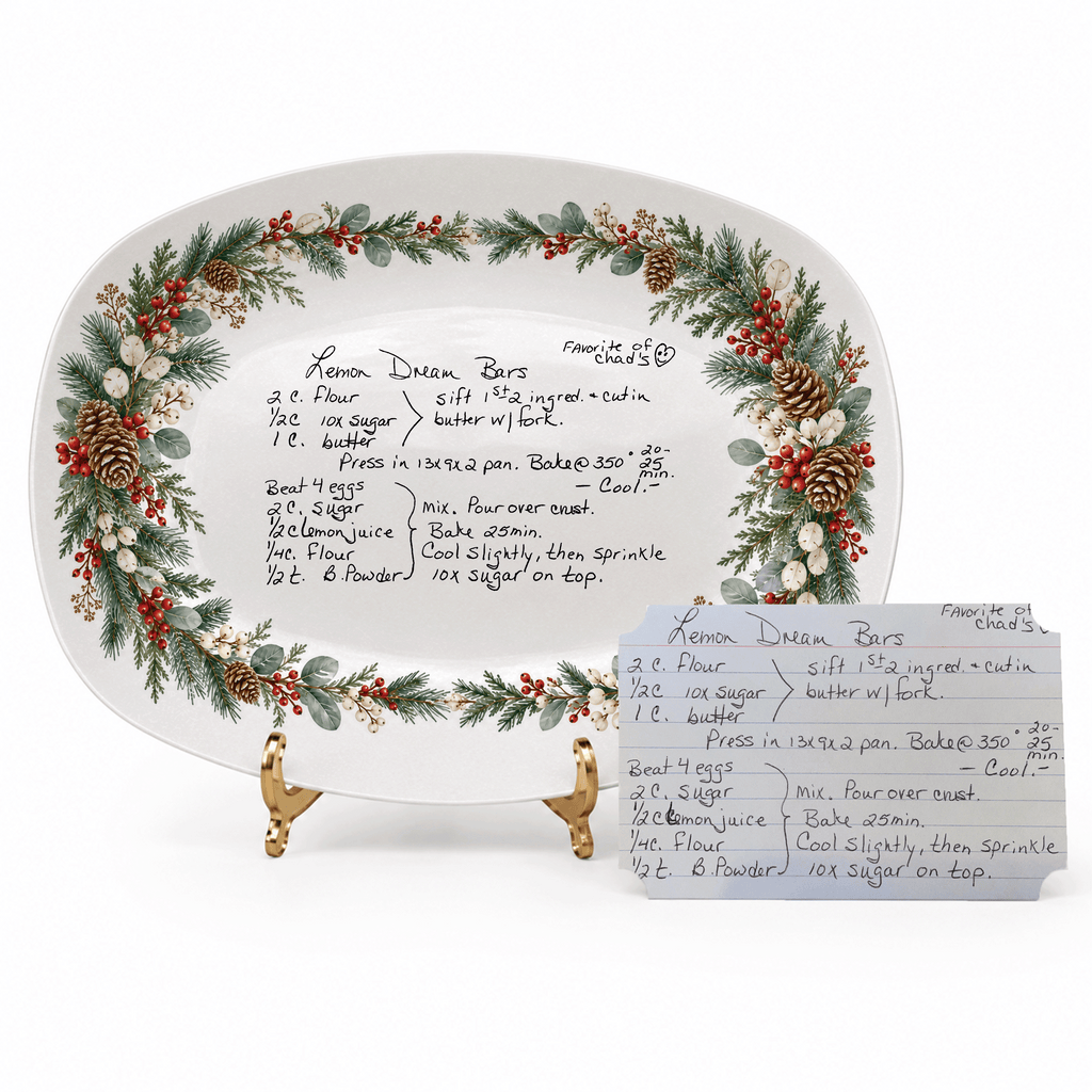 Handwritten Recipe Platter with Evergreen Pinecone & Berry Border