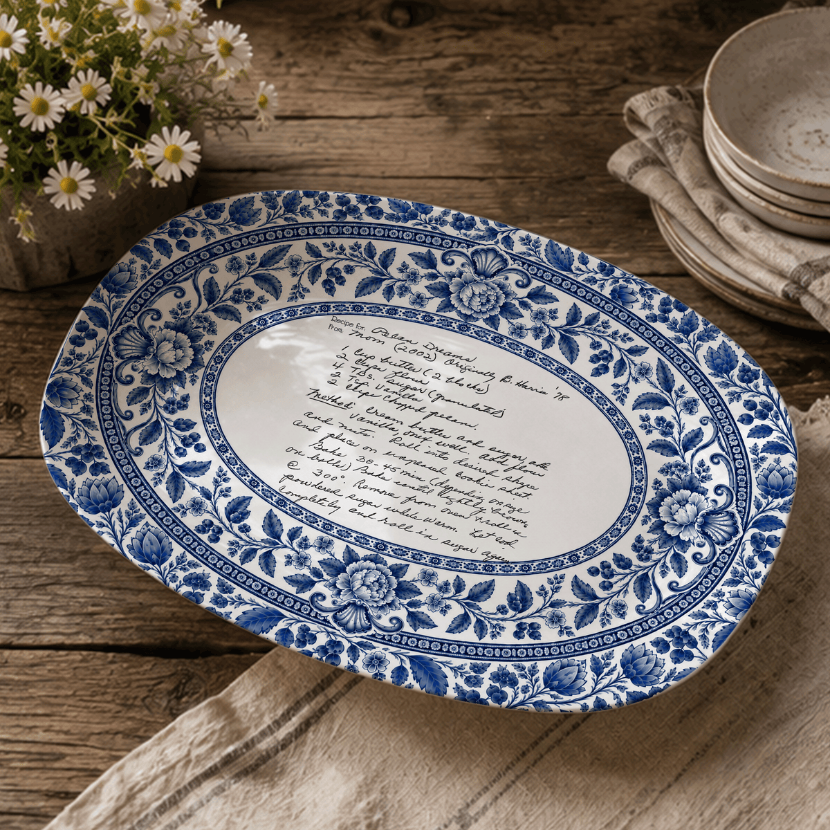 Handwritten Recipe Platter with Blue Antique Botanical Border
