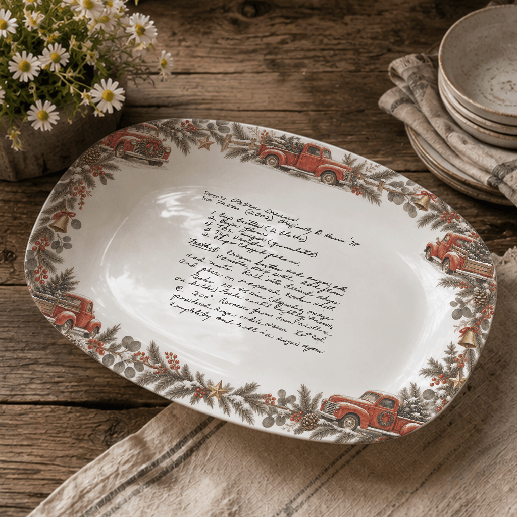 Handwritten Recipe Platter with Vintage Red Truck and Wreath Border