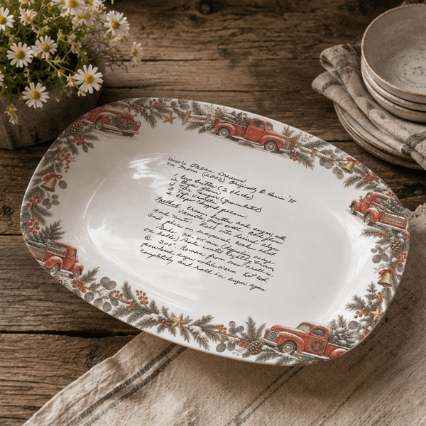 Handwritten Recipe Platter with Vintage Red Truck and Wreath Border