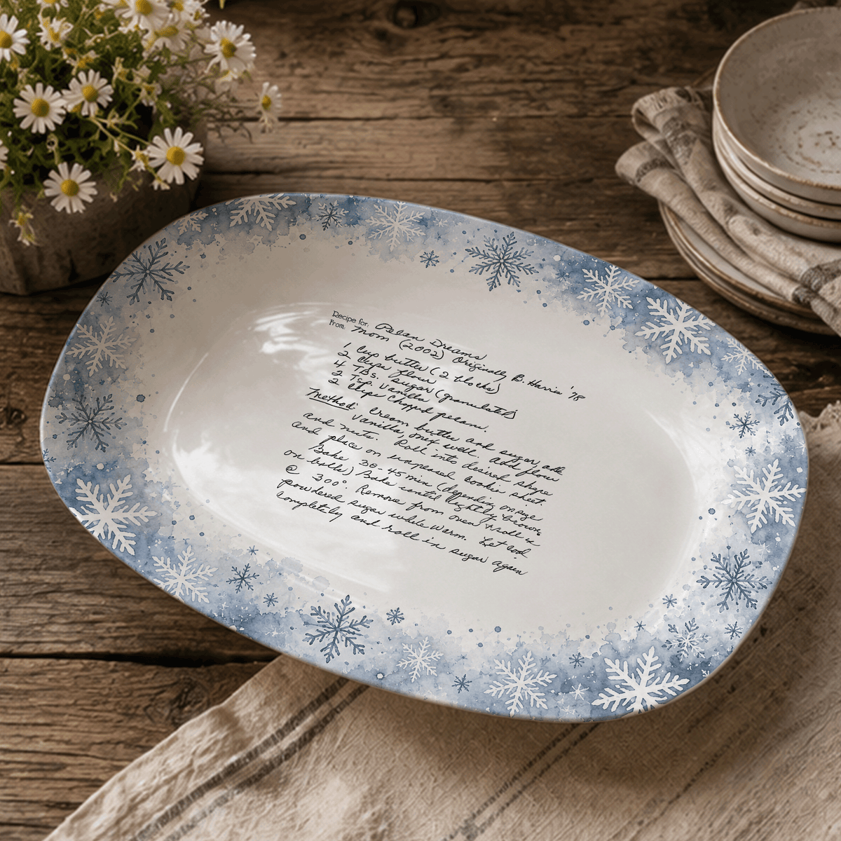 Handwritten Recipe Platter with Blue Snowflake Border