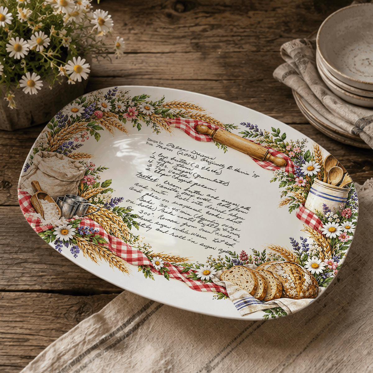 Handwritten Recipe Platter with Bread and Wildflower Border