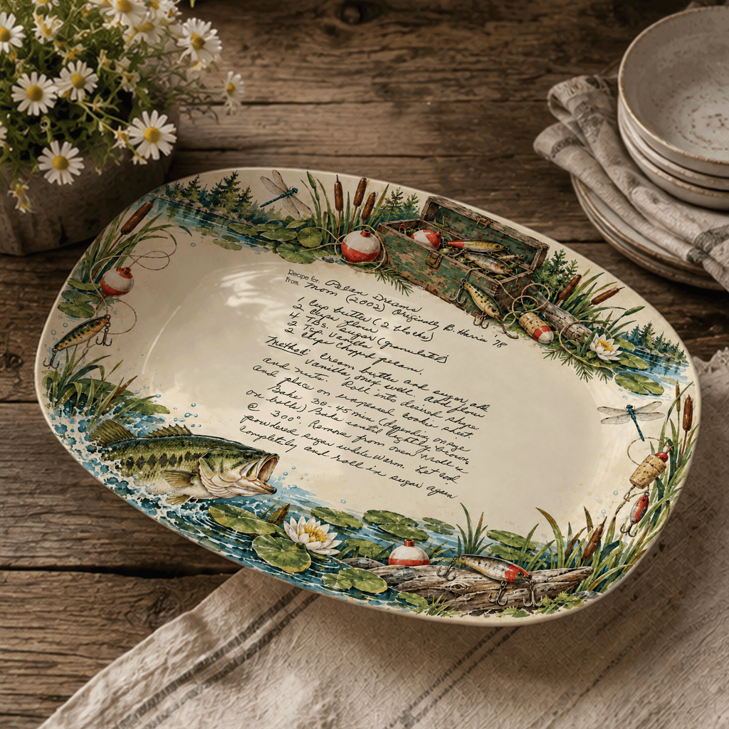 Handwritten Recipe Platter with Fishing Border