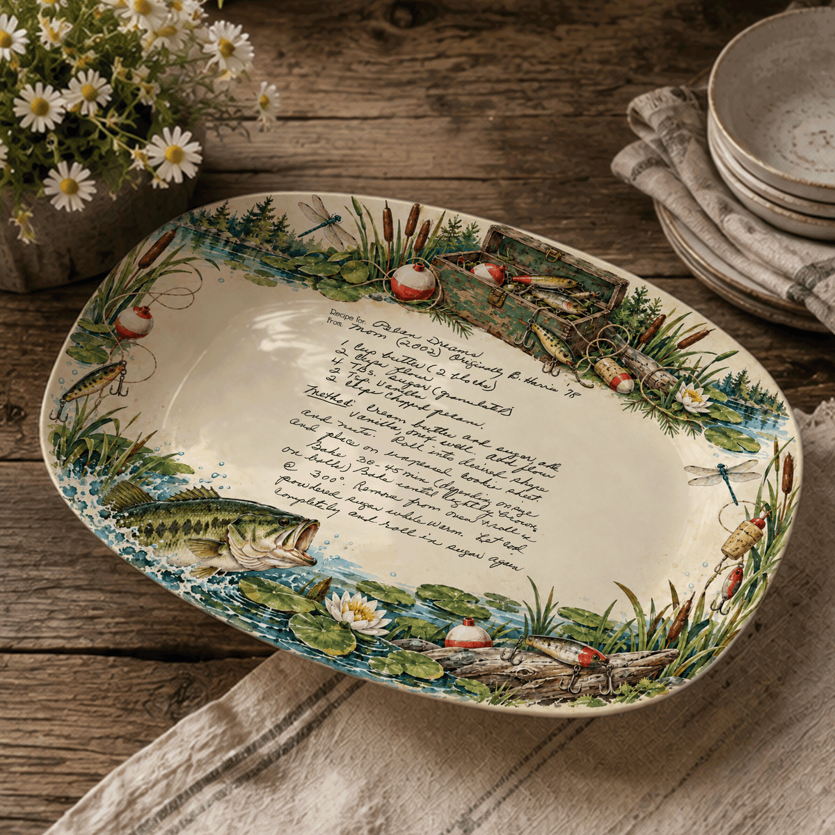 Handwritten Recipe Platter with Fishing Border