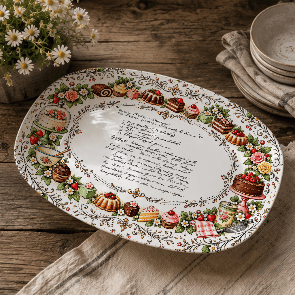 Handwritten Recipe Platter with Vintage Cake Border
