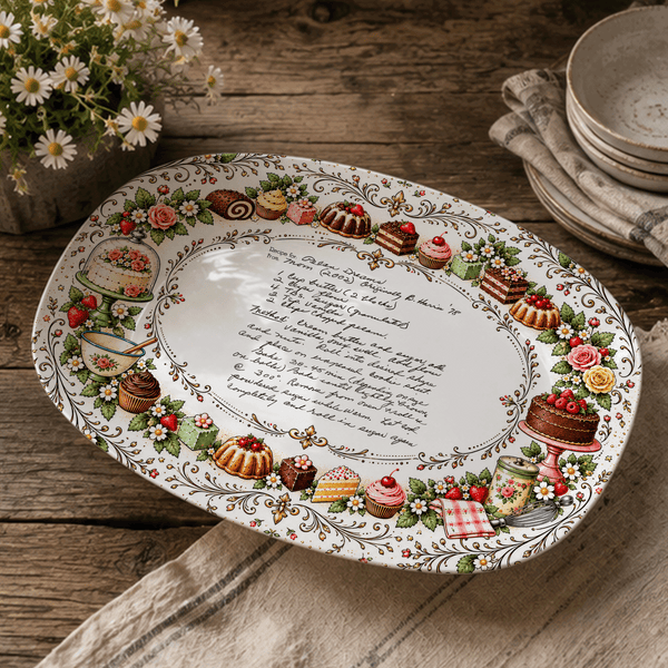 Handwritten Recipe Platter with Vintage Cake Border