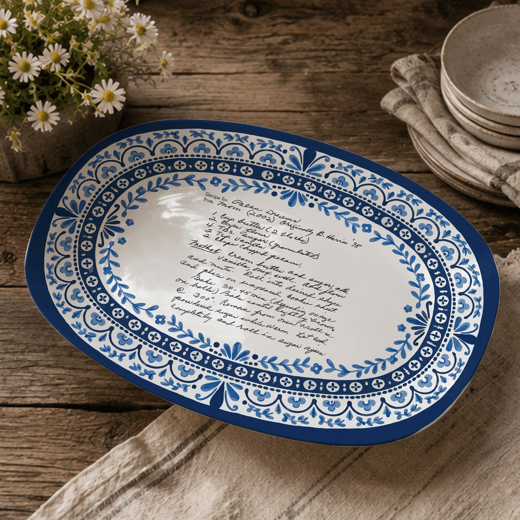 Handwritten Recipe Platter with Heritage Blue Border